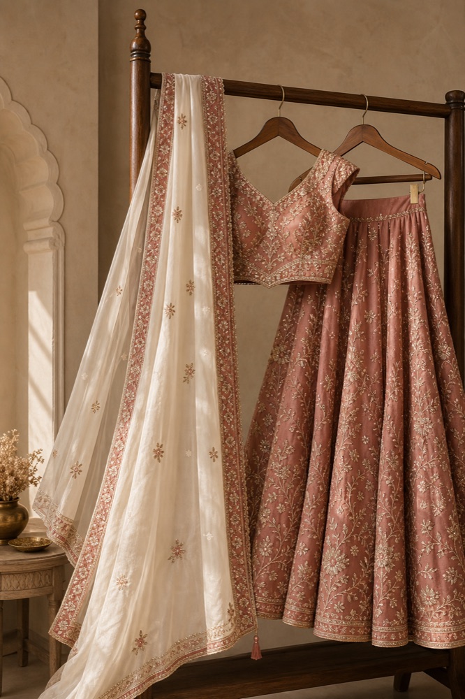 Dusty rose embroidered Indian outfit on a clothing rail