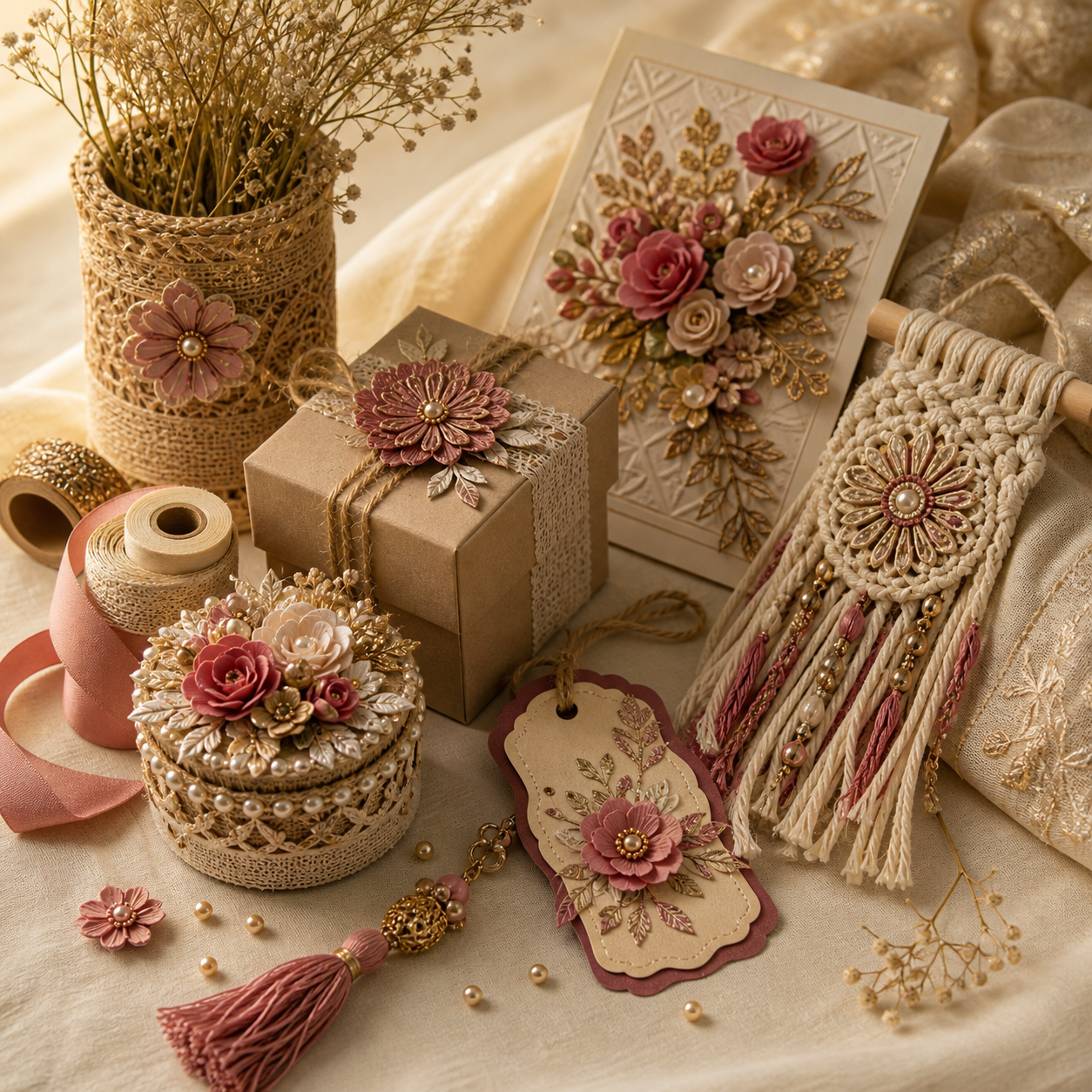 Handmade craft design with floral paper art, ribbon and festive details