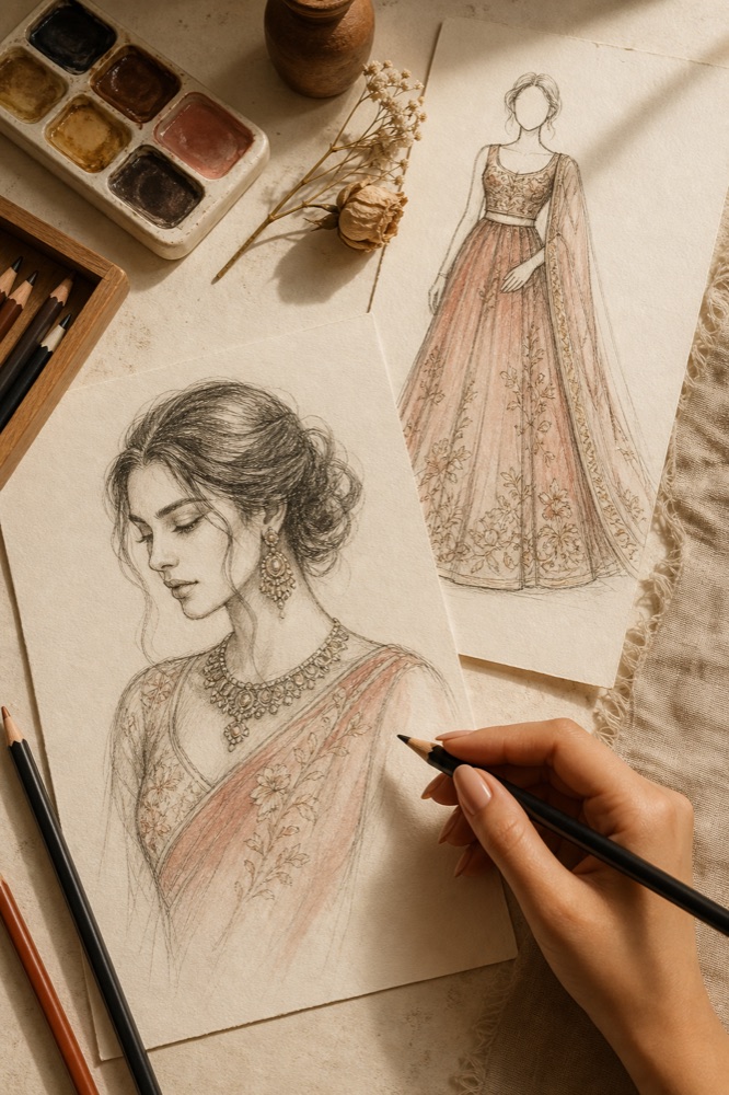 Portrait and fashion sketches on an artist desk