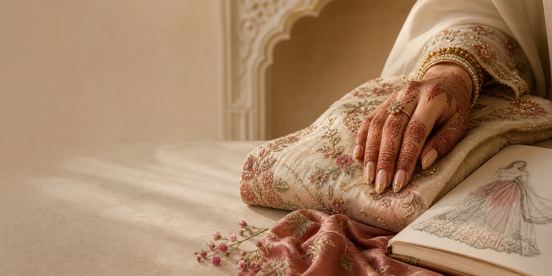 Embroidered outfit, mehndi hand, nail art and fashion sketch arranged in a warm studio