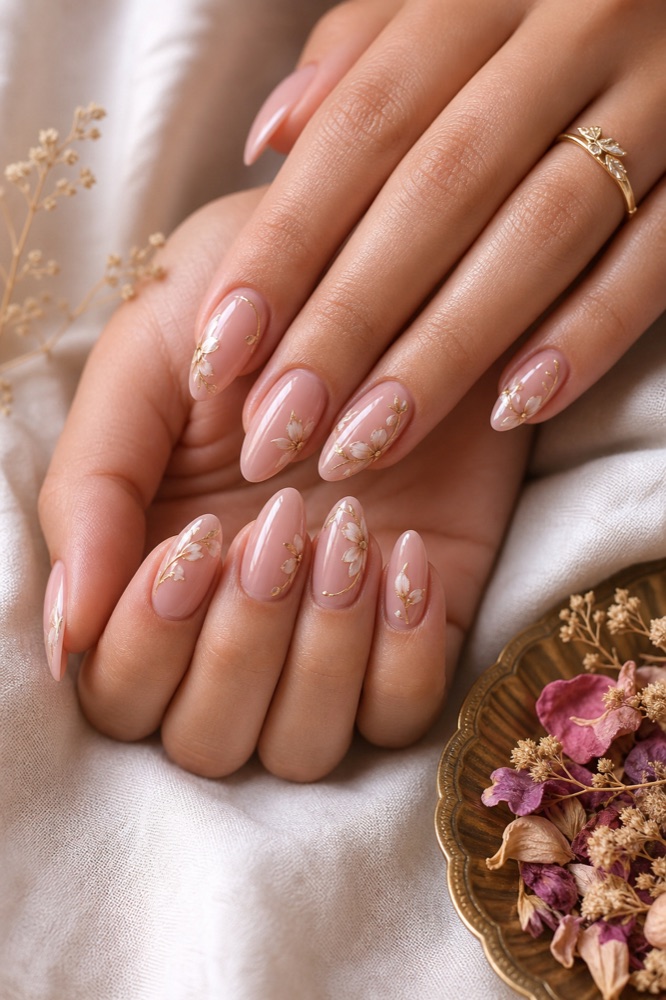 Blush floral nail art with delicate gold detail