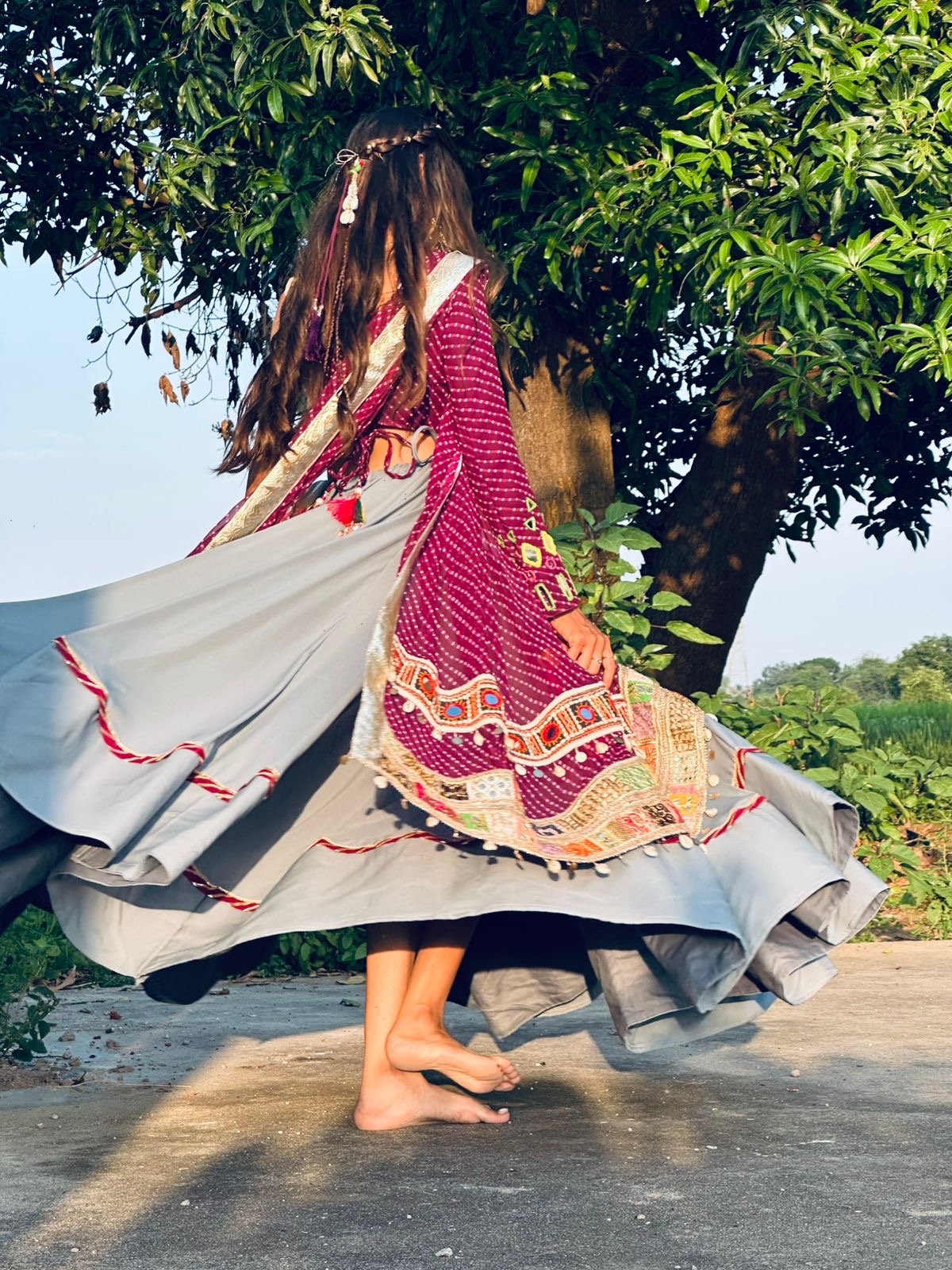 Grey and magenta festive outfit with embroidered dupatta